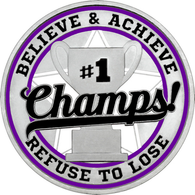 Black "Champs!" with Purple Outer Circular Borders